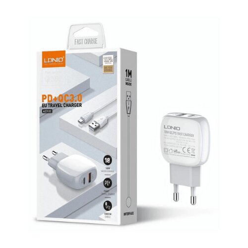 Ldnio Kucni punjac A2313C PD + QC3.0 20W (USB-A + USB-C) kabal Type C &amp;ndash; lightning Slike
