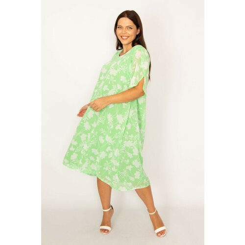 Şans Women's Plus Size Green Lined Slit Sleeve Chiffon Dress Cene