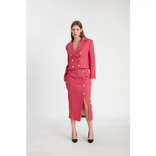 Laluvia Fuchsia Gold Patterned Button Skirt Suit