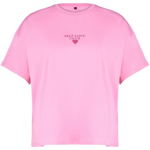 Trendyol Curve Pink Printed Oversize Knitted T-shirt Cene