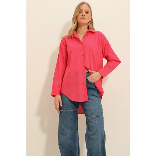 Trend Alaçatı Stili Women's Fuchsia Motif Oversize Linen Shirt Slike
