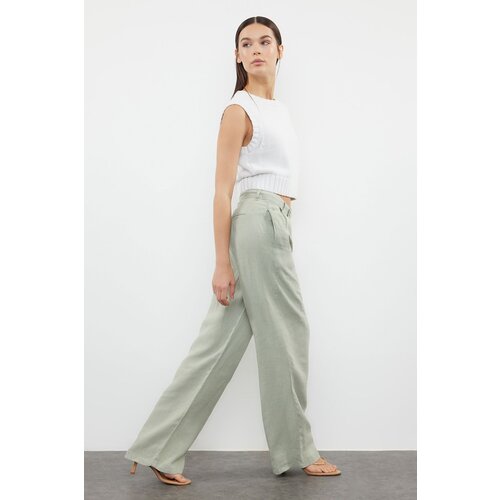 Trendyol green 100% linen pleated high waist wide leg trousers Slike