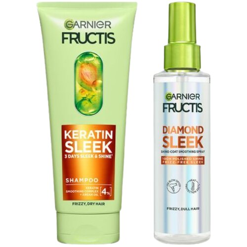 Garnier Fructis Keratin Sleek &amp;Scaron;ampon za nezaglađenu, suvu kosu 200ml + Fructis Diamond Sleek Sprej za nezaglađenu kosu bez sjaja 150ml Slike