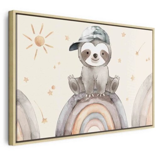  Slika - Happy Sloth - Sloth in Subdued Colors Wearing a Cap Sitting on a Rainbow Among Little Stars 120x80 U prirodnom drvenom o Cene