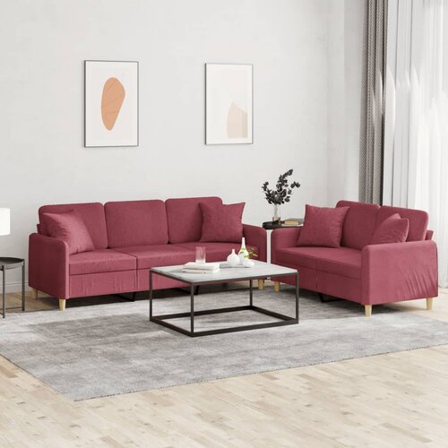  2-dijelni set sofa s jastucima crvena boja vina od tkanine Slike