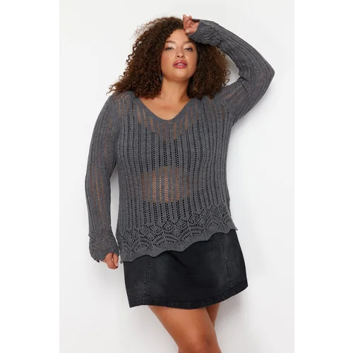 Trendyol Curve Anthracite V-Neck Openwork Thin Knitwear Sweater