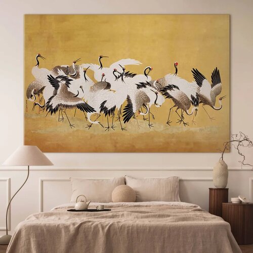  XXL slika - Japanese cranes - a flock of birds against a golden background based on a painting by Ishida Yūtei 150x100 Slike
