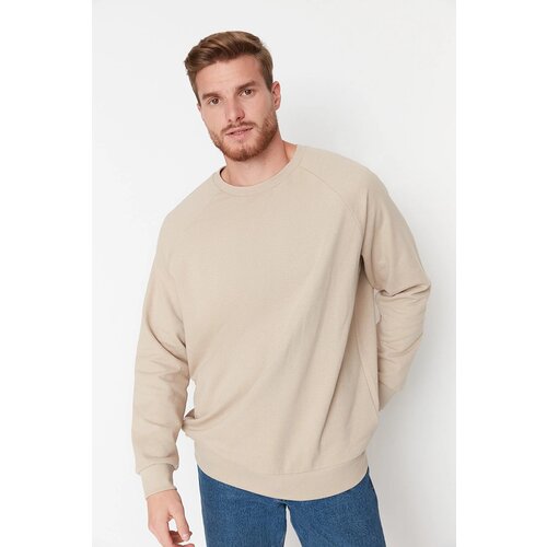 Trendyol Beige Men's Plus Size Oversize Comfortable Basic Sweatshirt with a soft pile inside. Slike