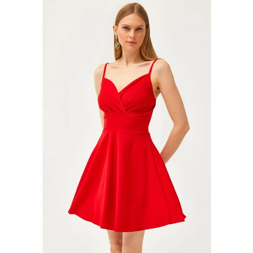 Olalook Women's Red Strap Double Breasted Collar Flared Dress