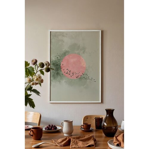 Wallxpert uramljena slika 115236, ružičasto sunce i jato ptica na sivozelenom akvarelu, 50 x 70 cm, beli ram Cene