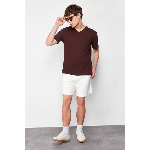 Trendyol brown men's slim/narrow cut v-neck 100% cotton basic t-shirt Slike