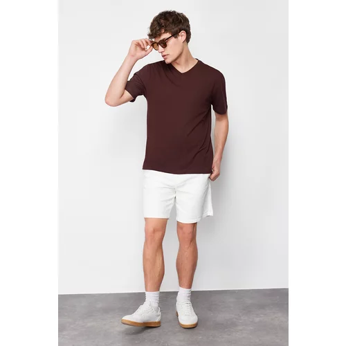 Trendyol Brown Men's Slim/Narrow Cut V-Neck 100% Cotton Basic T-Shirt