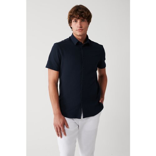 Avva Men's Navy Blue Easy-to-Iron Classic Collar Knitted Lycra Cotton Slim Fit Slim Fit Short Sleeve Shirt Slike