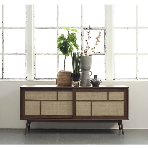Unique Furniture Temno rjava nizka komoda v hrastovem dekorju z drsnimi vrati 180x80 cm Barrali &amp;ndash; Slike