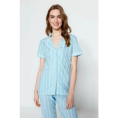 Trendyol Light Blue Striped Piping Detailed Sleeping Tape Knitted Pajamas Set