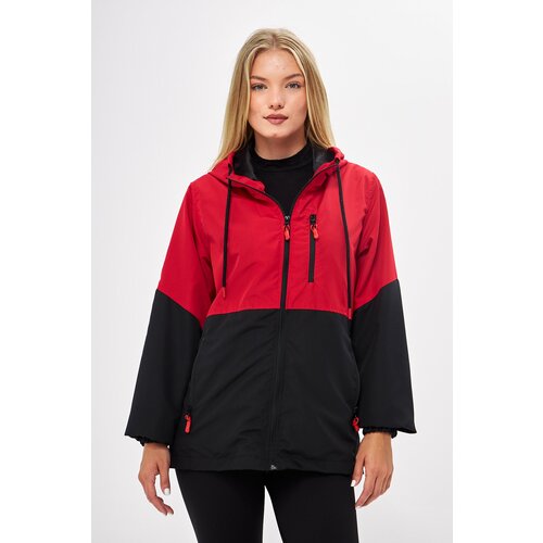 River Club Women's Red-Black Two-tone Lined Water And Windproof Hooded Raincoat With Pocket. Slike