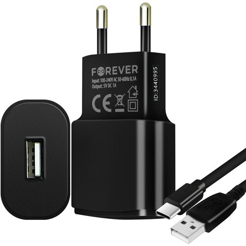Forever 1A omrežni polnilec z 1,2 m kabla USB tipa C, za vedno - crn, (20524207) Slike