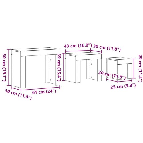 VidaXL Složivi stolić Set od 3 Crni hrast MDF Veliki stolić, 61x30x50 cm Slike