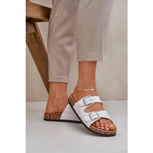 PE1 Fabric sandals on cork sole with buckles light gray Atera Slike