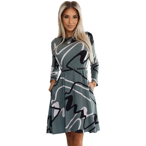 Numoco 576-1 Sweater trapeze dress with belt - OLIVE in black-beige pattern Slike