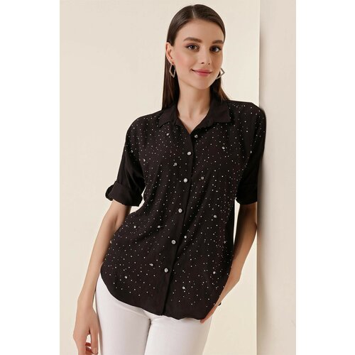 By Saygı Staples Front and Stone Buttons Polo Collar Shirt Black Slike