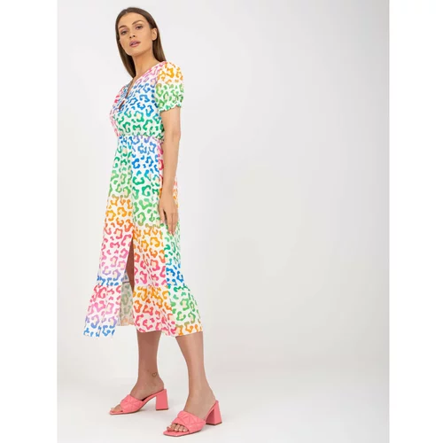 Fashion Hunters White midi dress with colorful prints with a V-neck