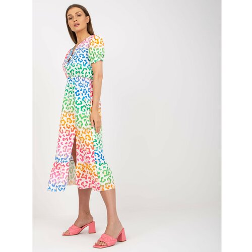 Fashion Hunters White midi dress with colorful prints with a V-neck Slike