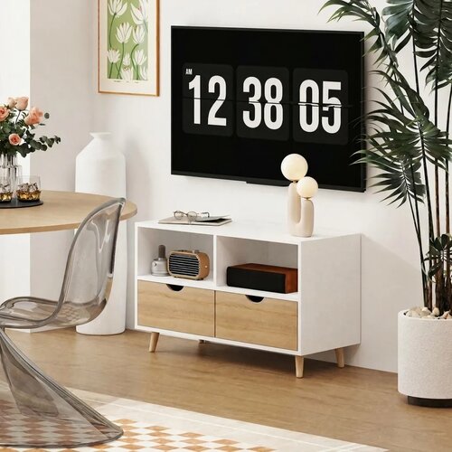  TV ormarić TV komoda s ladicama otvorene police drvo 99 x 39 x 58 cm bijela Slike
