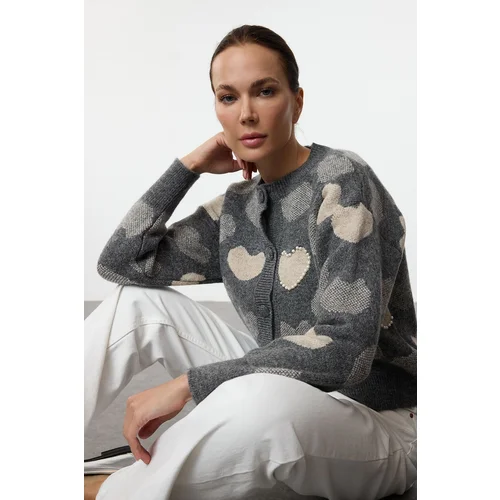 Trendyol Anthracite Crew Neck Heart Detailed Knitwear Cardigan