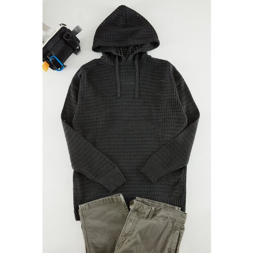 Trendyol Anthracite Men&amp;#039;s Oversize Fit Crochet Detailed Hooded Knitwear Sweater. Slike