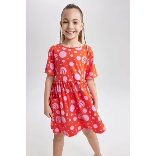 Defacto Girl Patterned Short Sleeve Combed Cotton Dress