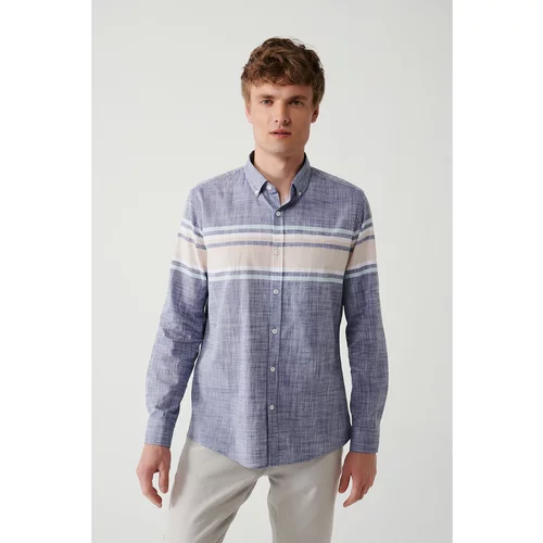 Avva Men's Navy Blue Buttoned Collar 100% Cotton Linen Look Board Pattern Slim Fit Slim-Fit Shirt