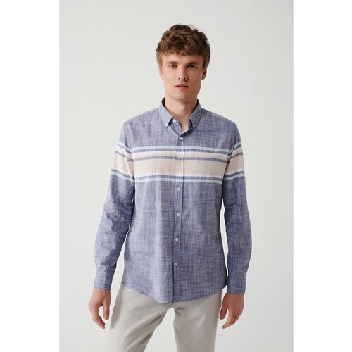 Avva men's navy blue buttoned collar 100% cotton linen look board pattern slim fit slim-fit shirt Cene