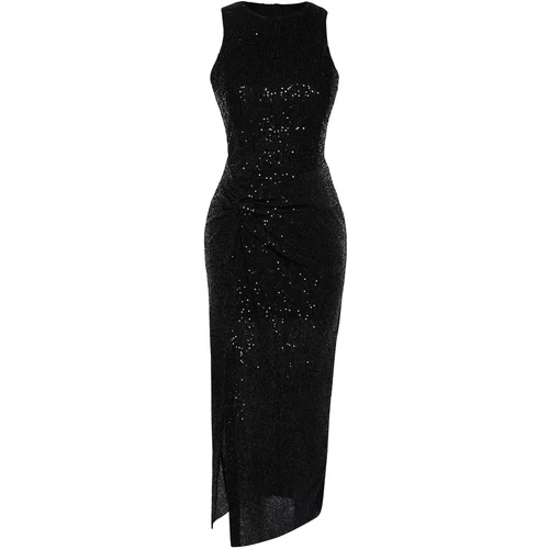 Trendyol Black Fitted Knitted Shiny Sequined Elegant Evening Dress