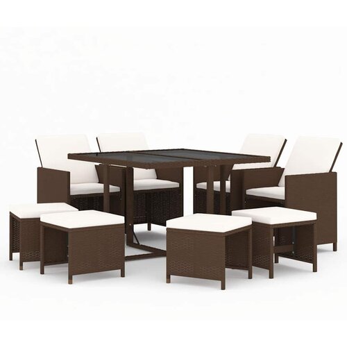  9-dijelni vrtni blagovaonski set s jastucima poliratan smeđi Smeđa 109 cm table length Slike