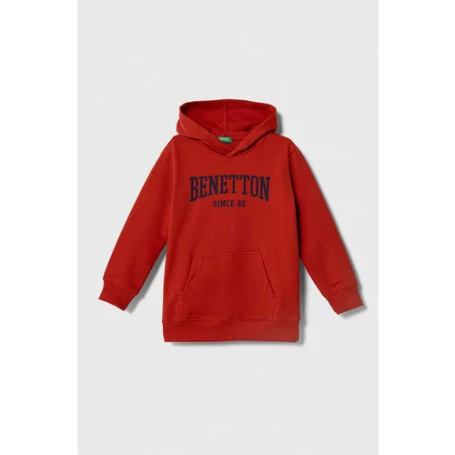 United Colors Of Benetton Otroški bombažen pulover rdeča barva, s kapuco