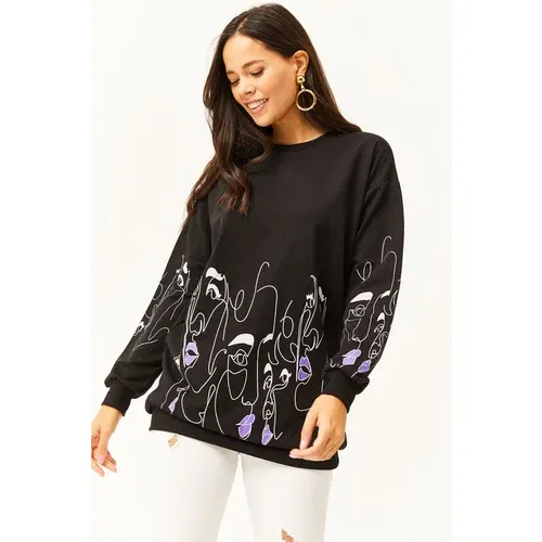 Olalook Women's Black Face Figured Oversize Sweatshirt