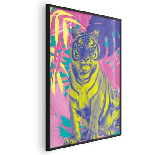  Plakat - Colorful Tiger - intense colors of a tiger surrounded by tropical plants 60x90 Crni okvir Cijene