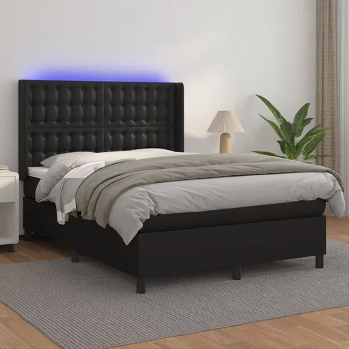 vidaXL Box spring postelja z vzmetnico LED črna 140x200cm umetno usnje