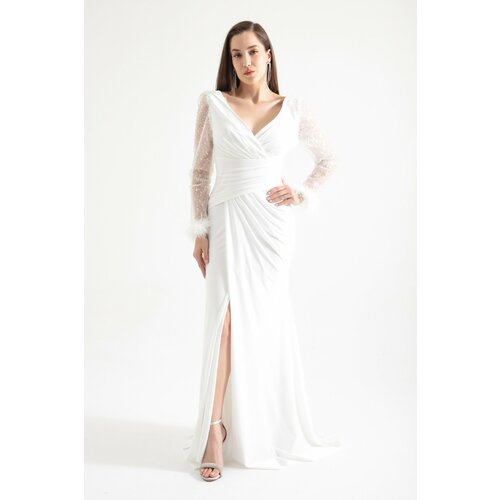 Lafaba Women's White V-Neck Long Evening Dress with a Slit with Stones on the sleeves. Slike