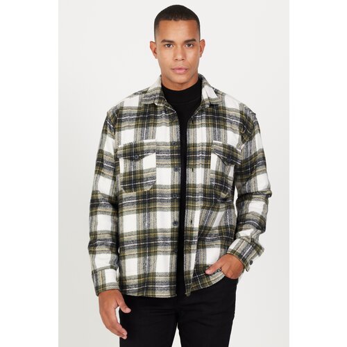 AC&Co / Altınyıldız Classics Men's Ecru Khaki Oversize Wide Cut Buttoned Collar Pocket Checkered Lumberjack Winter Shirt Jacket Slike