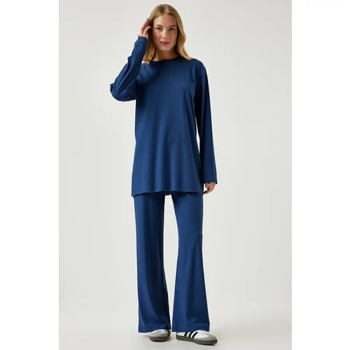 Happiness İstanbul Women's Navy Blue Ribbed Knitted Blouse Pants Suit