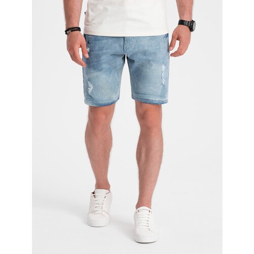 Ombre Men's denim short shorts with holes - light blue Cene