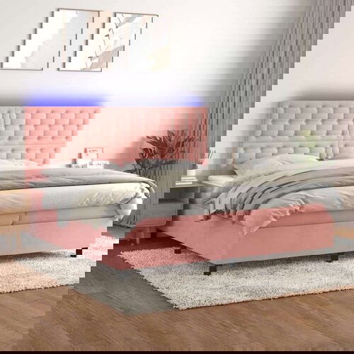  Box spring postelja z vzmetnico LED roza 200x200 cm žamet Slike