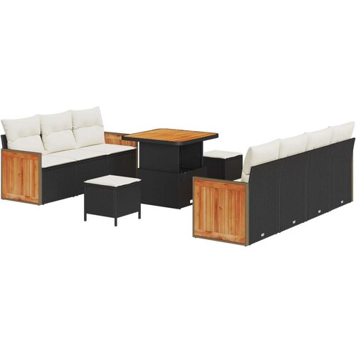  10-dijelni vrtni kauč set s jastučićima Crni Poli Ratan Akacija  Vrtna garnitura - 3-dijelni vrtni blagovaonski set s jastučićim Cijene