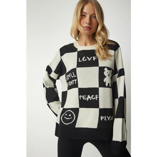 Happiness İstanbul Women's Cream Black Checkerboard Pattern Knitwear Sweater