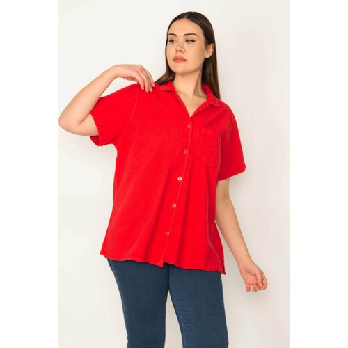 Şans Women's Plus Size Red Snap Collar Front Buttoned Short Sleeve Shirt Slike