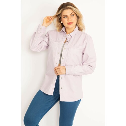 Şans Women's Plus Size Lilac Chest Pocket Front And Sleeve Snap Buttons Gabardine Coat Cene