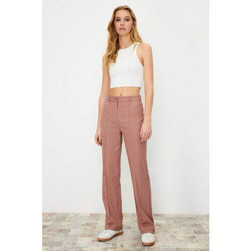 Trendyol Pale Pink Straight/Straight Fit High Waist Ribbed Stitched Woven Trousers Slike