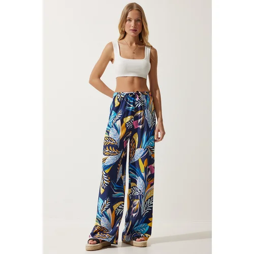  Women's Navy Blue Yellow High Waist Summer Wide Viscose Trousers